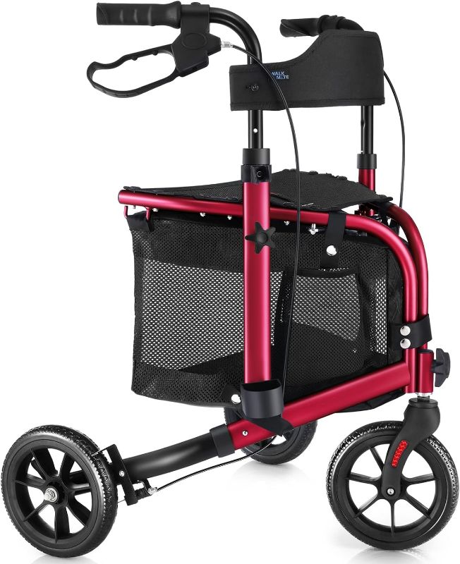 Photo 1 of (READ NOTES) WALK MATE 3 Wheel Rollator Walker with Seat for Slim Seniors, Padded Backrest Lightweight Foldable Walker Ideal for Elderly, 8 Inch Tri-Wheel Modern Mobility Walking Aid Aluminum, RED