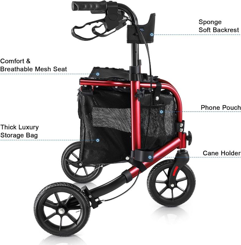 Photo 4 of (READ NOTES) WALK MATE 3 Wheel Rollator Walker with Seat for Slim Seniors, Padded Backrest Lightweight Foldable Walker Ideal for Elderly, 8 Inch Tri-Wheel Modern Mobility Walking Aid Aluminum, RED