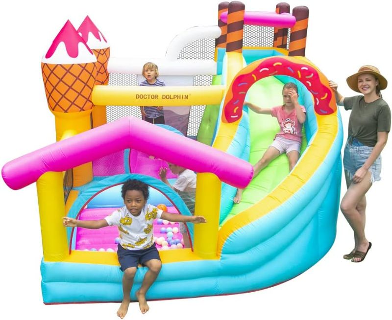Photo 1 of (READ NOTES) Doctor Dolphin Inflatable Bounce House for Kids Ice Cream Doughnut Dessert Party for Outdoor Play with Blower, Long Slide and Ball Pool
