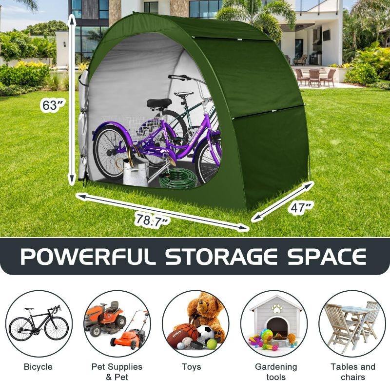 Photo 3 of (READ NOTES) H&ZT Large Bike Storage Tent - 47" Depth Storage for Over 3 Bikes Waterproof Anti-uv High-capacity Outdoor Bicycle Cover, Lawn Mower Garden Tools Shed, Backyard Storage Room Tent Shelter W/Fixing Peg & Ropes 6.7x5.5x4ft-green