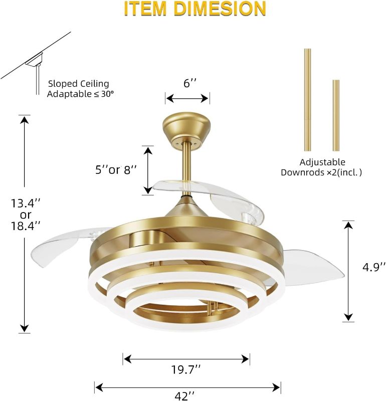 Photo 4 of (READ NOTES) FIDGRA Ceiling Fan with Lights, 42 inch Retractable Ceiling Fan with Lights Chandelier Ceiling Fan Timing and Memory Function for Bedroom Living Room (Gold)