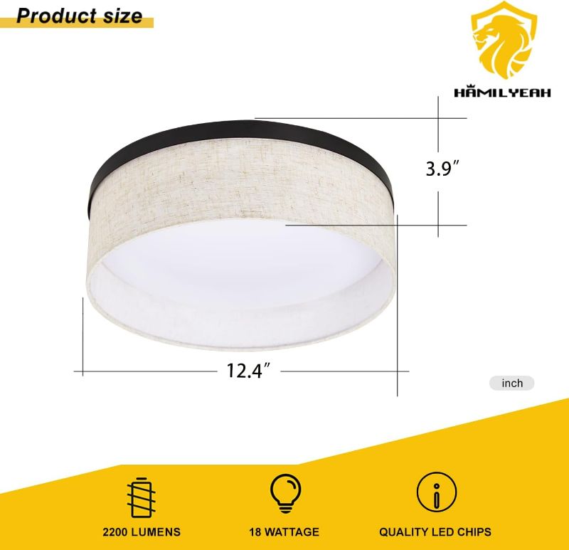 Photo 3 of (READ NOTES) Hamilyeah Flush Mount Ceiling Light Fixture with White Fabric Shade, LED Close to Ceiling Lighting 18W, Modern 12 inch Round Light Fixtures Ceiling Mount for Bathroom, Bedroom, Living Room,Kitchen 12 inch Beige Shade+Black Ring