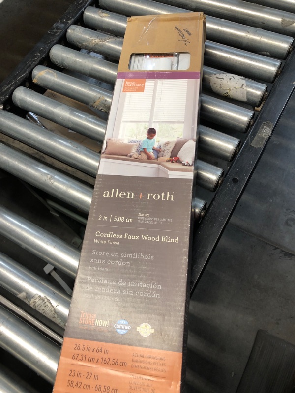 Photo 2 of allen + roth Trim at Home 2-in Slat Width 26.5-in x 64-in Cordless White Faux Wood Room Darkening Horizontal Blinds
