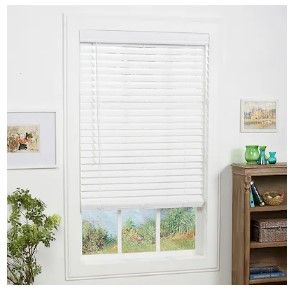 Photo 1 of allen + roth Trim at Home 2-in Slat Width 26.5-in x 64-in Cordless White Faux Wood Room Darkening Horizontal Blinds
