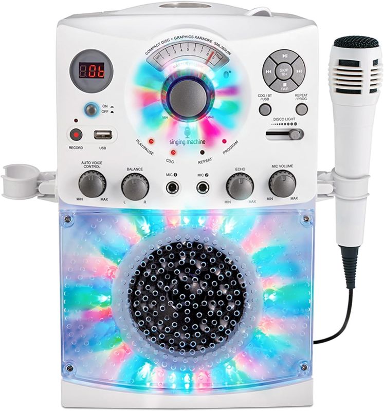 Photo 1 of ***DAMAGED - PLUG BROKEN - SEE PICTURES - DOESN'T POWER ON***
Singing Machine Portable Karaoke Machine for Adults & Kids with Wired Microphone, White - Built-In Speaker, Bluetooth with LED Disco Lights - Karaoke System with CD+G Player & USB Connectivity
