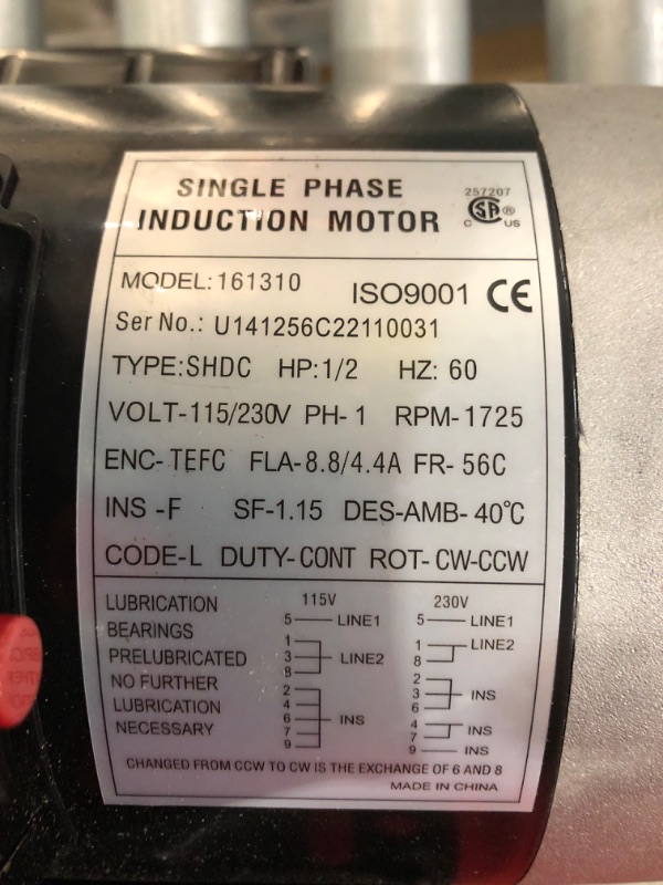 Photo 3 of 1/2HP Electric Motor 1750RPM General Purpose Single Phase Motor 115/230V 5/8" Shaft Diameter CW/CCW TEFC