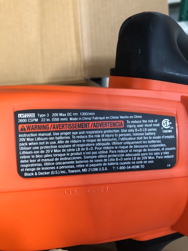 Photo 1 of BLACK+DECKER 20V MAX* Cordless Hedge Trimmer, 22-Inch, Tool Only (LHT2220B) & 20V MAX* Lithium Battery (LBXR20)