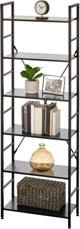 Photo 1 of **SCREW HOLES DAMAGED, UNABLE TO ASSEMBLE** mDesign Industrial Metal/Wood 6 Tier Bookshelf, Tall Modern Etagere Bookcase Shelving Furniture Unit for Books