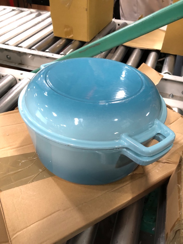 Photo 3 of Bruntmor 2-in-1, 5 Quart Enamel Cast Iron Dutch Oven With Handle, 5 Qt Blue Cast Iron Skillet, Enamel All-in-One Cookware Braising Pan