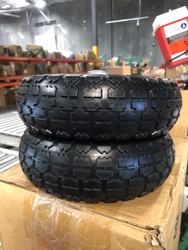 Photo 2 of 4 Pcs 10" Flat Free Tires Solid Non-inflated Tires Wheels, 4.10/3.50-4 Tire with 5/8 Ball Bearings, 2.24" Offset Hub for Wheelbarrow, Garden Wagon Carts, Trolley, Hand Truck, Various Tool Carts 4Pcs 10In 4.10/3.50-4