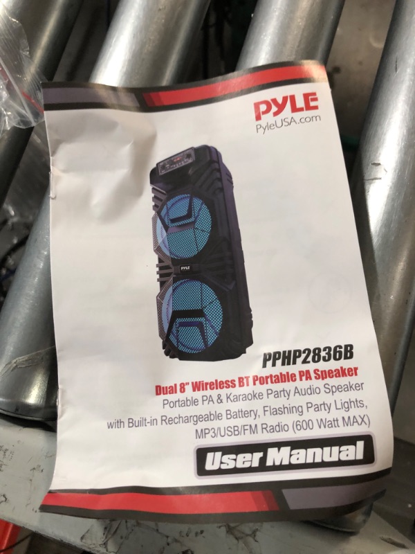 Photo 2 of Pyle Bluetooth PA Speaker System - 600W Rechargeable Outdoor Bluetooth Speaker Portable PA System w/ Dual 8” Subwoofer 1” Tweeter, Microphone In, Party Lights, USB, Radio, Remote - Pyle PPHP2836B Speaker System Speaker System