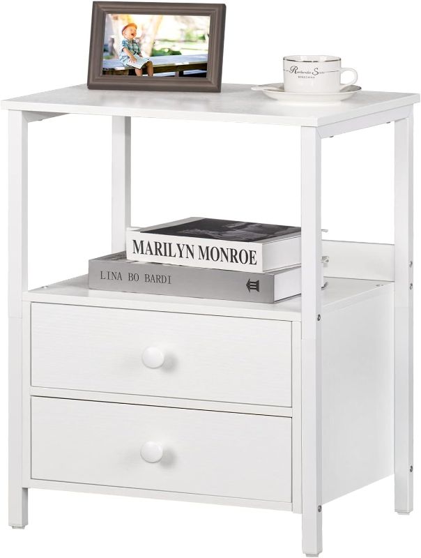 Photo 1 of 
Lerliuo White Nightstand, Side Table, Industrial Bedside Table with 2 Drawers and Open Shelf, White Night Stand, End Table with Steel Frame, Dresser for...