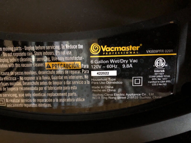 Photo 5 of **PARTS ONLY**
Vacmaster VK609PFR 0201 6 Gallon 5.5 Peak HP 3-in-1 Wet/Dry/Upholstery Shampoo Vacuum 