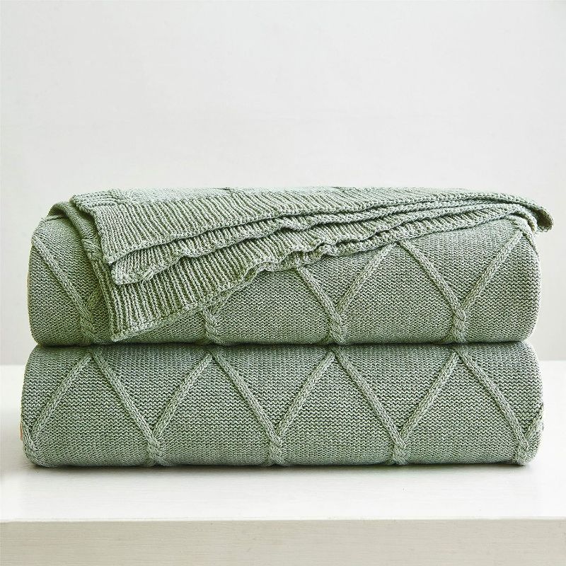 Photo 1 of 100% Cotton Sage Green Cable Knit Throw Blanket Lightweight 50 x 63 *LOOKS BRAND NEW*