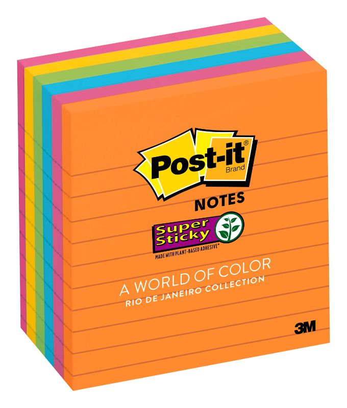 Photo 1 of Post-it Super Sticky Notes, 4 X 4, Lined, 90 Sheet Pads, 6 Pads, Jewel Pop Collection
