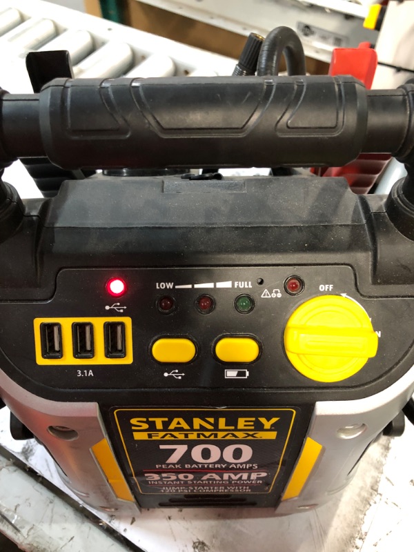 Photo 3 of STANLEY FATMAX J7CS Portable Power Station Jump Starter: 700 Peak/350 Instant Amps, 120 PSI Air Compressor, 3.1A USB Ports, Battery Clamps