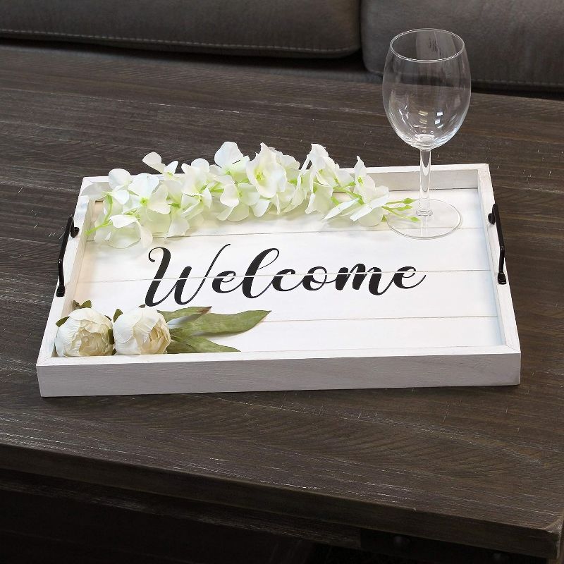Photo 1 of  15.50" x 12" Decorative Wood Serving Tray w/ Handles, White Wash Welcome
