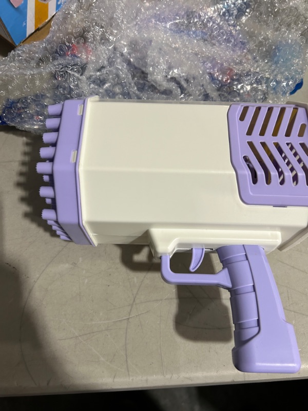 Photo 4 of Bubble Gun Rocket 69 Holes Soap Blaster Machine, Bazooka Bubble Launcher, purple 