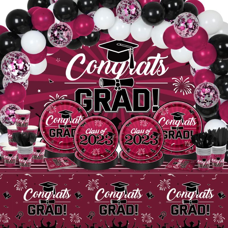 Photo 1 of  Maroon Graduation Party Decoration Supplies Kit - 227 PCS Class Burgundy Black