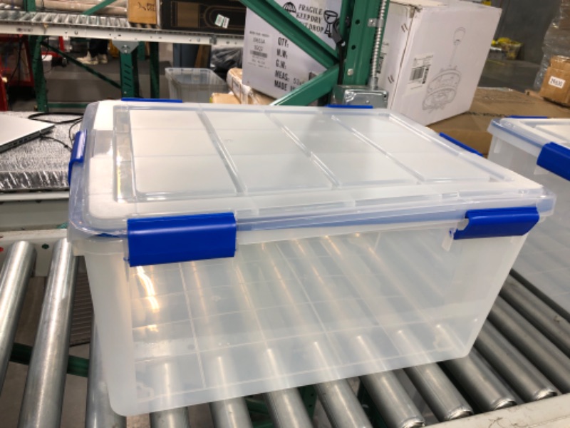 Photo 2 of (STOCK PHOTO FOR REFERENCE) IRIS USA 60 Quart WEATHERPRO Plastic Storage Box with Durable Lid and Seal and Secure Latching Buckles, Clear With Blue Buckles, Weathertight