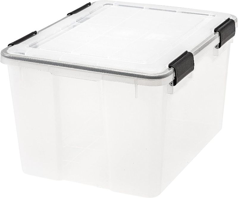 Photo 1 of (STOCK PHOTO FOR REFERENCE) IRIS USA 60 Quart WEATHERPRO Plastic Storage Box with Durable Lid and Seal and Secure Latching Buckles, Clear With Blue Buckles, Weathertight