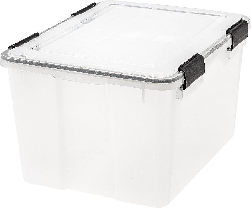 Photo 1 of (STOCK PHOTO FOR REFERENCE) IRIS USA 60 Quart WEATHERPRO Plastic Storage Box with Durable Lid and Seal and Secure Latching Buckles, Clear With Blue Buckles, WeathertighT
