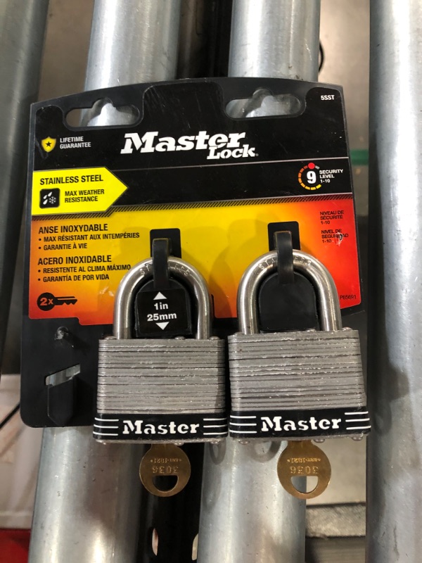 Photo 1 of Master Lock 5SST Stainless Steel Outdoor Padlock with Key, 2 Pack Keyed-Alike 2 Pack, Keyed-Alike