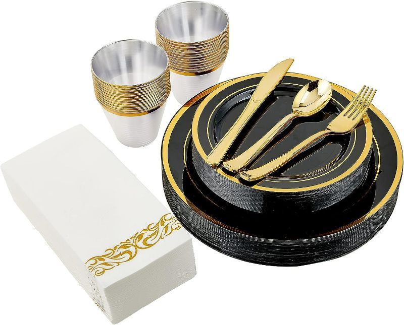 Photo 1 of  Black and Gold Rim Disposable Dinnerware Set **STOCK PHOTO REFERENCE ONLY**