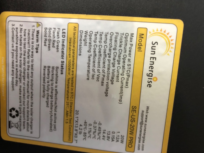 Photo 1 of 20 Watt Sun Energize SE-US-20W PRO Solar Battery Charger