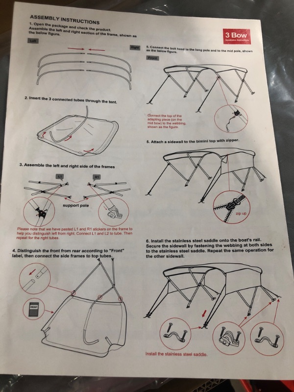 Photo 6 of KAKIT 3 4 Bow Bimini Tops with Mesh Sidewalls Support Poles for Boats, 6'L x 46" H x 67"-72" W