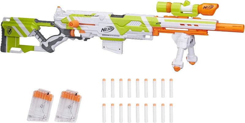 Photo 1 of ***READ NOTES***Nerf Longstrike Nerf Modulus Toy Blaster with Barrel Extension Bipod Scopes 18 Modulus Elite Darts 3 Six-Dart Clips