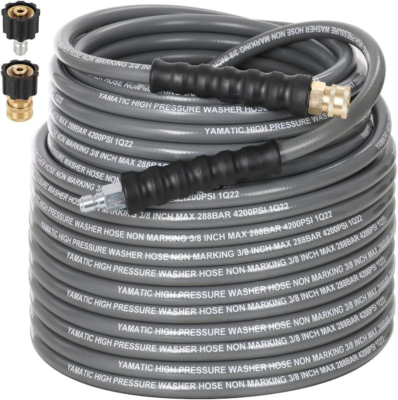 Photo 1 of 
YAMATIC Non Marking 3/8" 4200 PSI Pressure Washer Hose 100 FT, for Hot/Cold Water Rubber Wire Braided, Kink Free Swivel 3/8