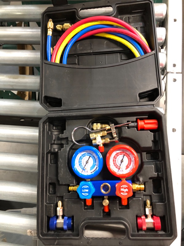 Photo 2 of STOCK PHOTO REFERENCE ONLY**VEVOR AC Gauge Set - 3 Way AC Manifold Gauge Set for R134A R22 R12 R502 Refrigerant, Freon Gauges with 5ft Hoses, Couplers, Can Tap Works on Car Auto Freon Charging and Evacuation 3 Way Set W CARRY BAG  