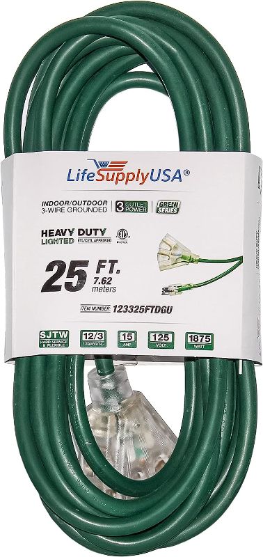 Photo 1 of [Notes] 25 ft Power Extension Cord Outdoor & Indoor Heavy Duty 12 Gauge/2 Prong SJTW (Green) 