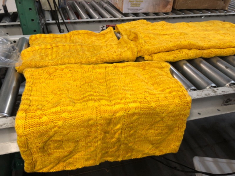 Photo 3 of Multi Yellow Cable Knit Throw Blanket and Pillow Covers Set, 50" x 60" Knitted Throw Blanket & 2 Pieces 18" x 18" Pillowcases