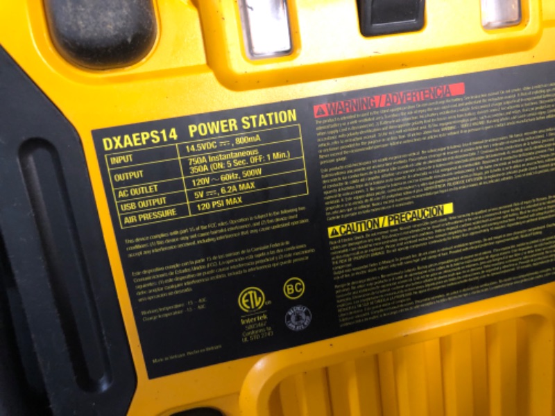 Photo 4 of (PARTS ONLY)DEWALT DXAEPS14 1600 Peak Battery Amp 12V Automotive Jump Starter/Power Station with 500 Watt AC Power Inverter, 120 PSI Digital Compressor, and USB Power , Yellow