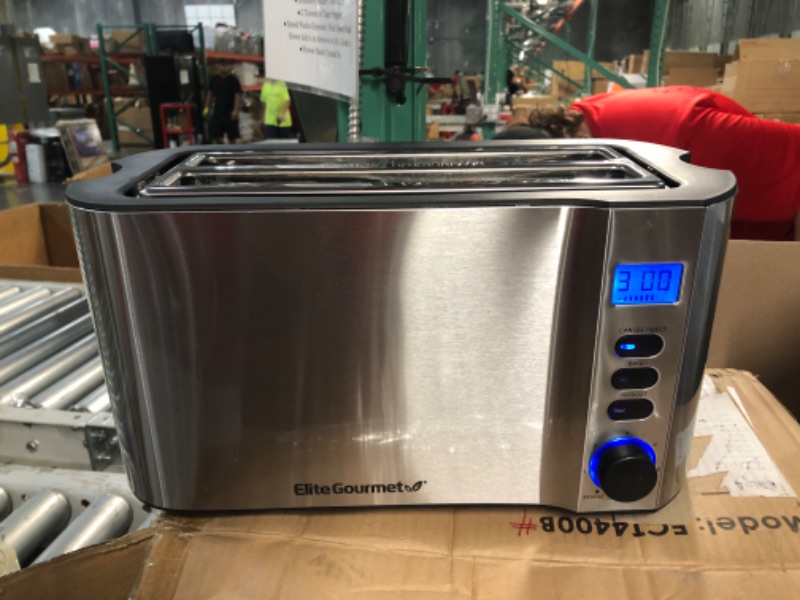 Photo 1 of Elite Gourmet ECT4400B Long Slot 4 Slice Toaster, Countdown Timer, Bagel Function, 6 Toast Setting, Defrost, Cancel Function, Built-in Warming Rack, Extra Wide Slots for Bagels Waffle, Stainless Steel
