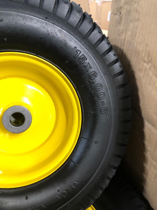 Photo 4 of (2 Pack) AR-PRO Exact Replacement 15" x 6.00 - 6" Front Tire and Wheel Assemblies for John Deere Riding Mowers - Compatible with John Deere 100 and D100 Series - 3” Hub Offset and 3/4” Bushings 15" x 6.00-6" Yellow