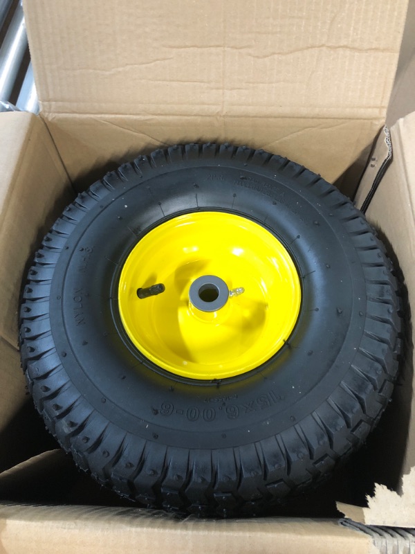 Photo 2 of (2 Pack) AR-PRO Exact Replacement 15" x 6.00 - 6" Front Tire and Wheel Assemblies for John Deere Riding Mowers - Compatible with John Deere 100 and D100 Series - 3” Hub Offset and 3/4” Bushings 15" x 6.00-6" Yellow