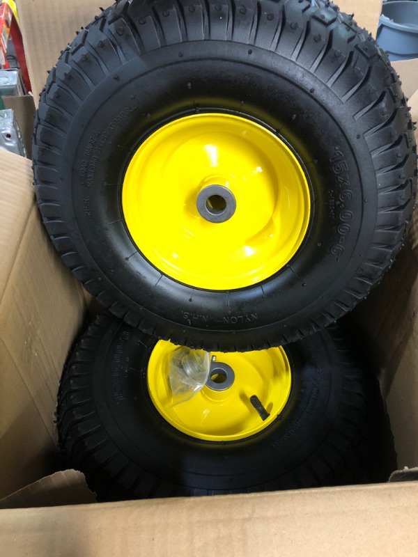 Photo 3 of (2 Pack) AR-PRO Exact Replacement 15" x 6.00 - 6" Front Tire and Wheel Assemblies for John Deere Riding Mowers - Compatible with John Deere 100 and D100 Series - 3” Hub Offset and 3/4” Bushings 15" x 6.00-6" Yellow