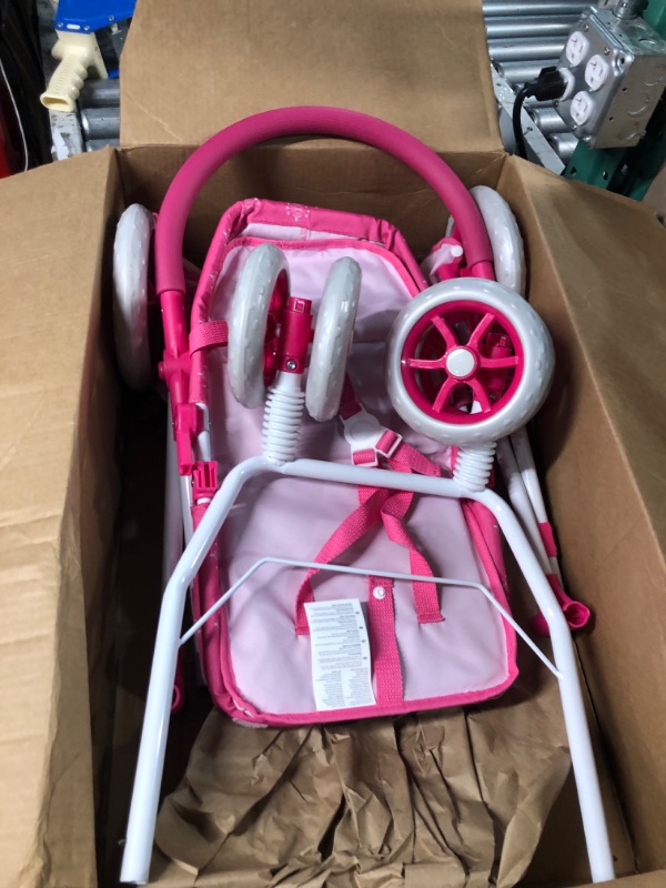 Photo 3 of Deluxe Toy Pram for 18” Baby Dolls- Foldable, Pink Carriage with Diaper Bag, Storage Basket and Canopy for Little Girls, Boys, and Kids by Hey! Play!