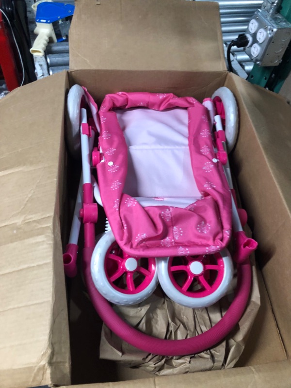 Photo 2 of Deluxe Toy Pram for 18” Baby Dolls- Foldable, Pink Carriage with Diaper Bag, Storage Basket and Canopy for Little Girls, Boys, and Kids by Hey! Play!