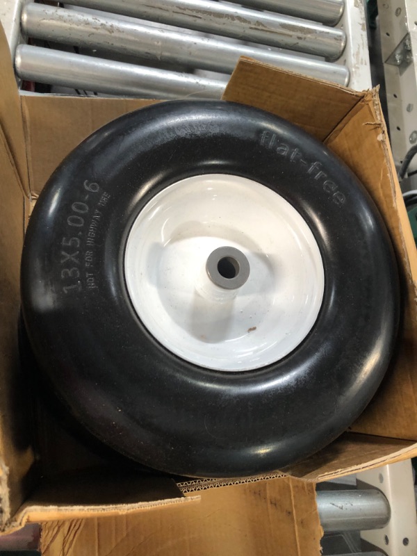 Photo 2 of 2 PCS Upgrade 13x5.00-6" Flat Free Lawn Mower Smooth Tire, Commercial Grade Lawn and Garden Mower Turf Replacement Solid Tire and Wheel with Steel Rim, 3/4" Grease Bushing and 3.25"-5.9" Centered Hub