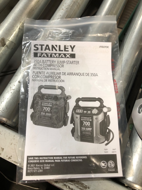 Photo 1 of STANLEY FATMAX J7CS Portable Power Station Jump Starter: 700 Peak/350 Instant Amps, 120 PSI Air Compressor, 3.1A USB Ports, Battery Clamps