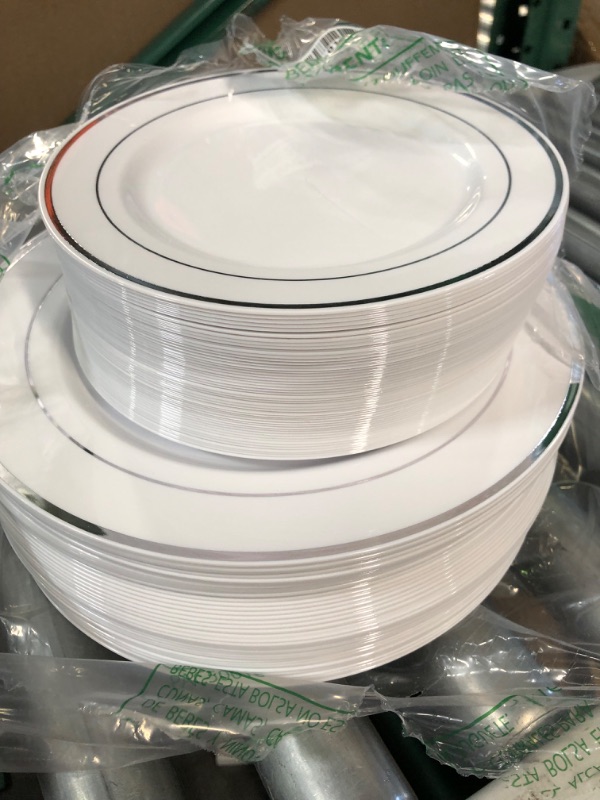 Photo 3 of Munfix 100 Piece Plastic Party Plates White Silver Rim, 50 Premium Heavy Duty 10.25 Inch Dinner Plates and 50 Disposable 7.5 Inch