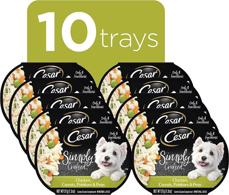 Photo 1 of *BEST BY DATE 03/2024* CESAR Simply Crafted Adult Wet Dog Food Meal Topper, Chicken, Carrots, Potatoes & Peas, (10) 1.3 oz. Tubs