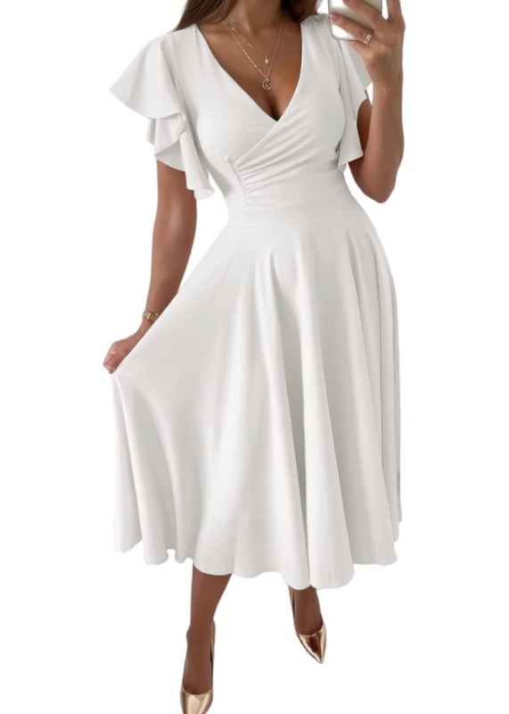 Photo 1 of LYANER Women's Warp V Neck Ruffle Short Sleeve A Line Swing Flared Cocktail Party Midi Dress