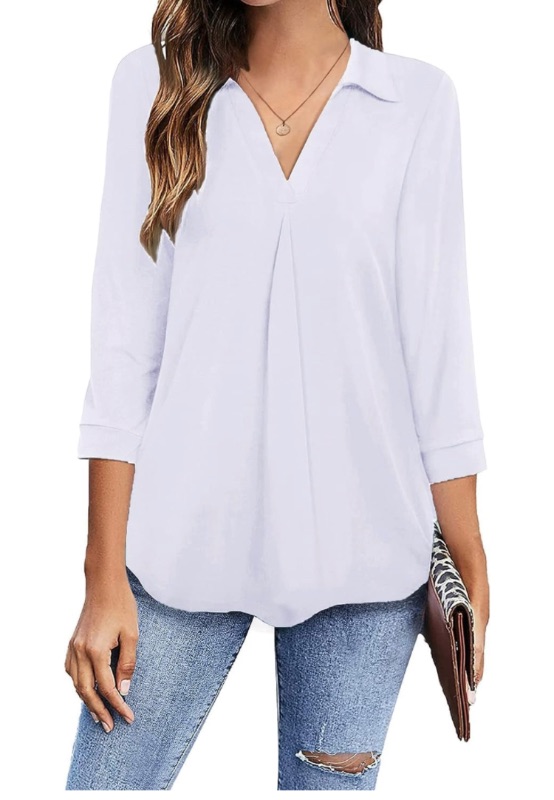 Photo 1 of Newchoice Womens Collared V Neck 3/4 Sleeve Shirts Business Casual Tops Loose Work Blouses (S-3XL)