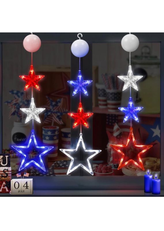 Photo 1 of [Timer] 4th of July Decorations 3 Pack Patriotic Red White and Blue Star Window Lights with Suction Cup, Battery Operated 4th of july Window Decoration for Fourth of July Independence Day Memorial Day