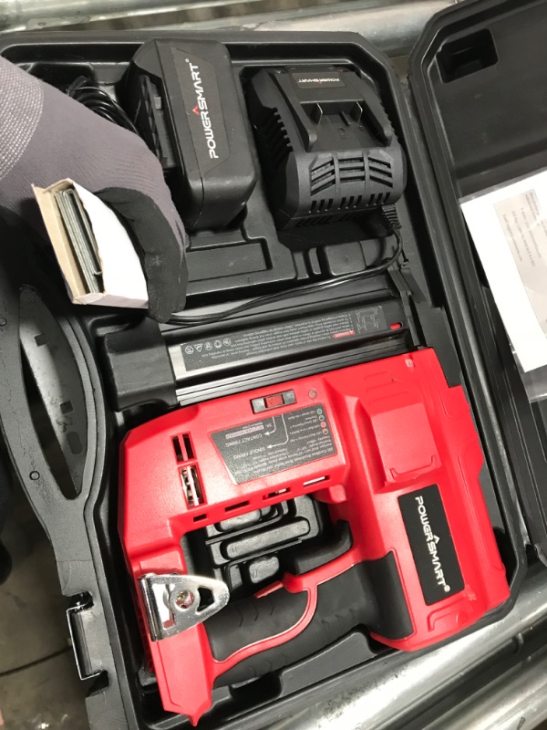 Photo 2 of PowerSmart Cordless Brad Nailer and Stapler Kit, 20V 18 Gauge Cordless Nail Gun, 2 in 1 Brushless Nail/Staple Gun with 4.0Ah Lithium-Ion Battery and Fast Charger, 18GA Nails/Staples for Woodworking